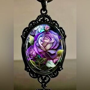 Purple Butterfly Mosaic Pendant Necklace, Oval Glass Alloy Necklace, gift hWomen